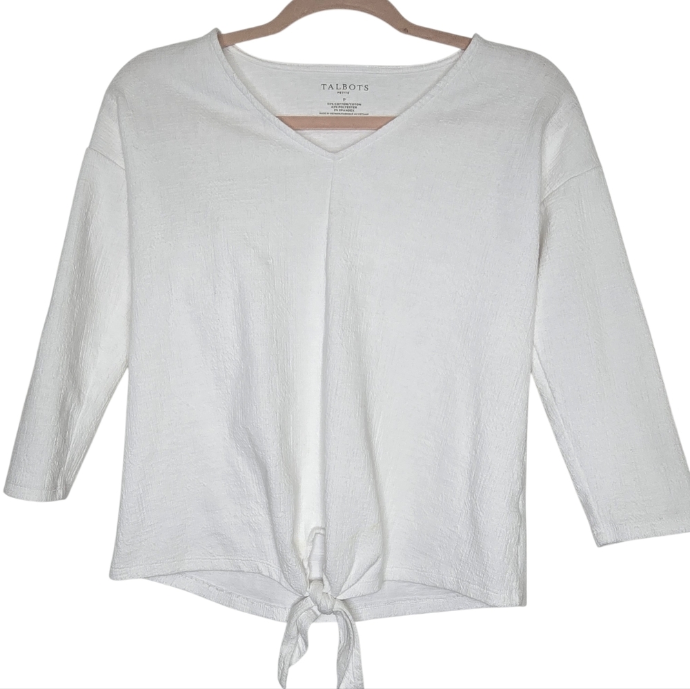 Talbots tie-front V-neck tee in a white cotton blend. 
